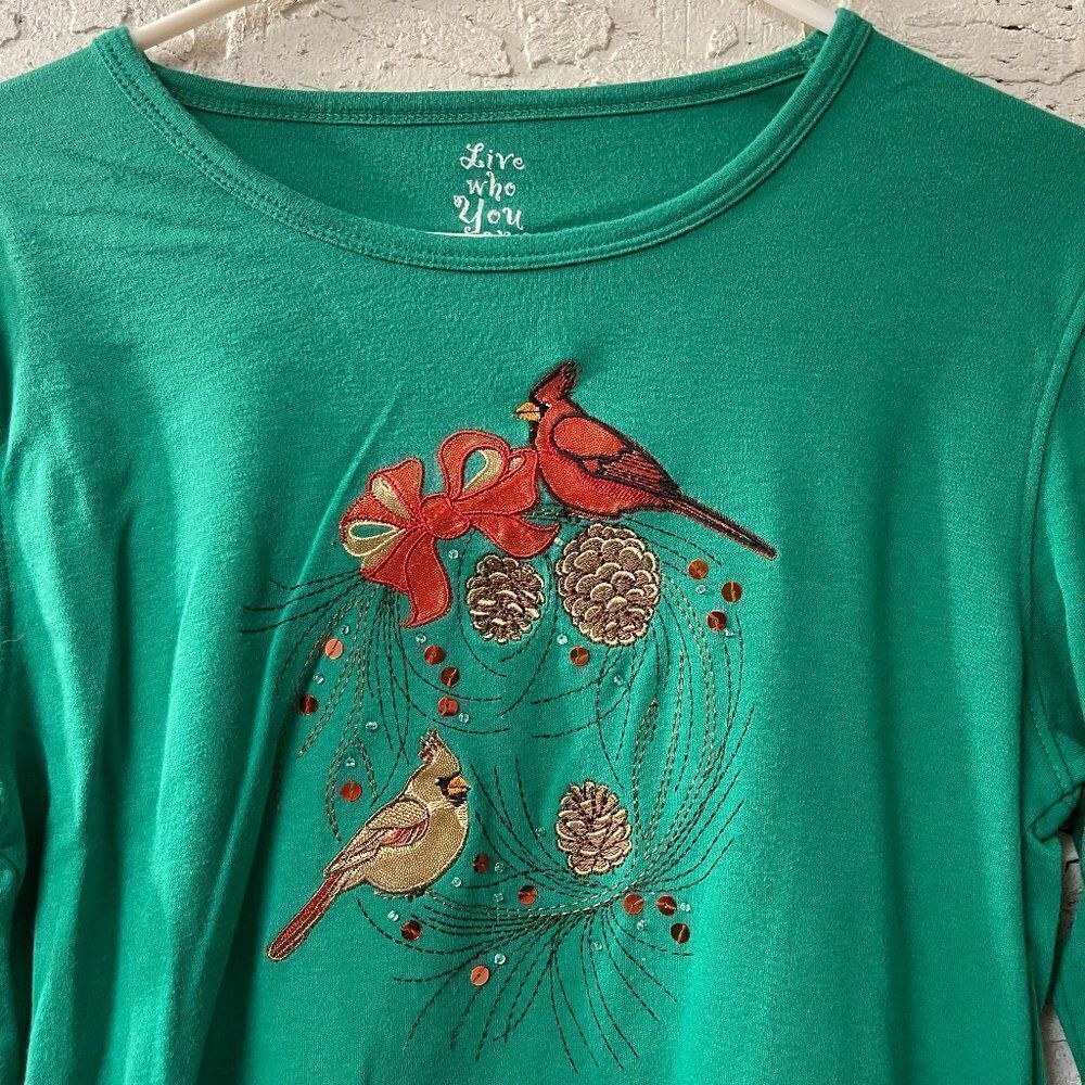 Live Who You Are Green Christmas Cardinal Long Sleeve Top PS